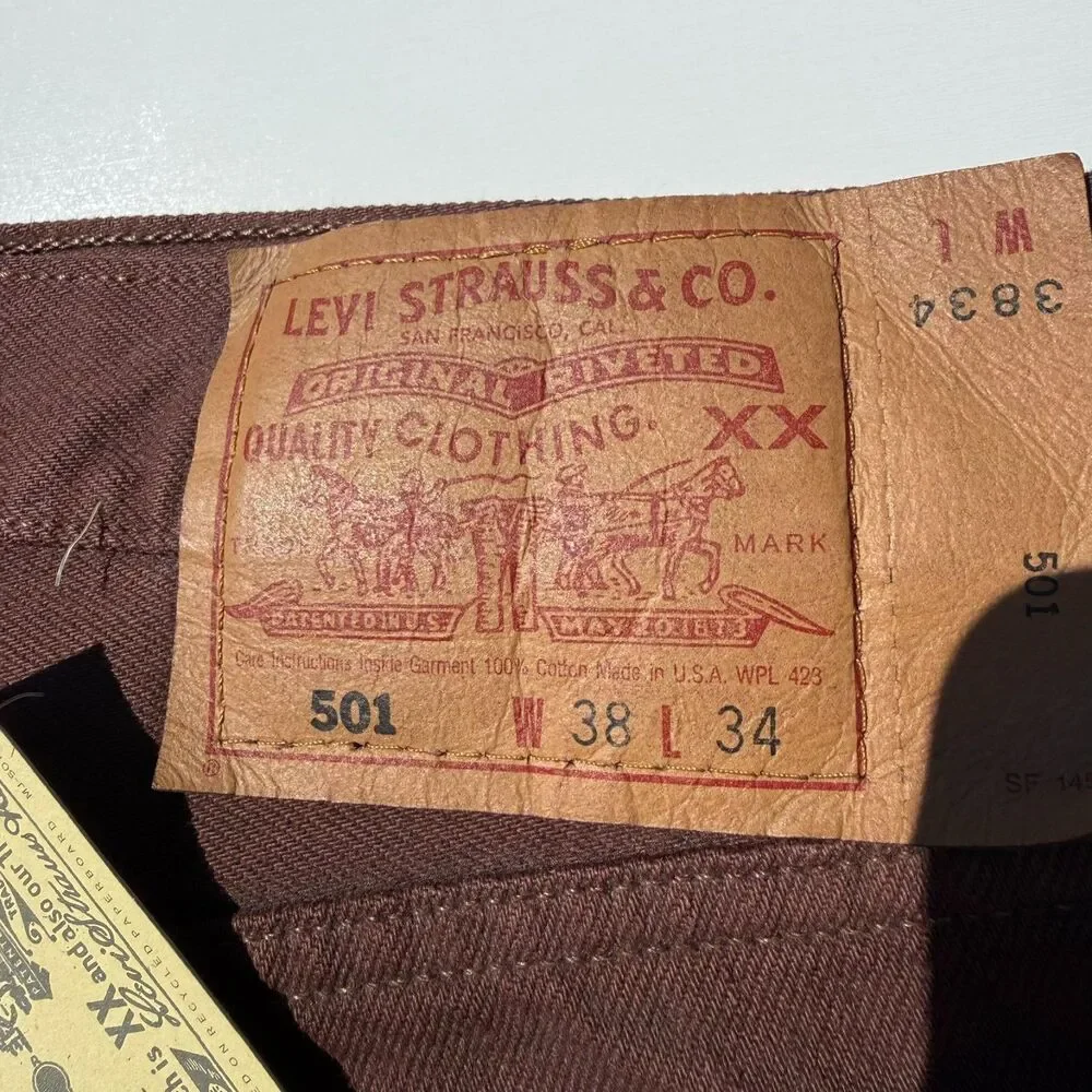 Vintage 1997 Levi's 501 Jeans 38x34 Brown Made in USA NWT Deadstock Factory 524